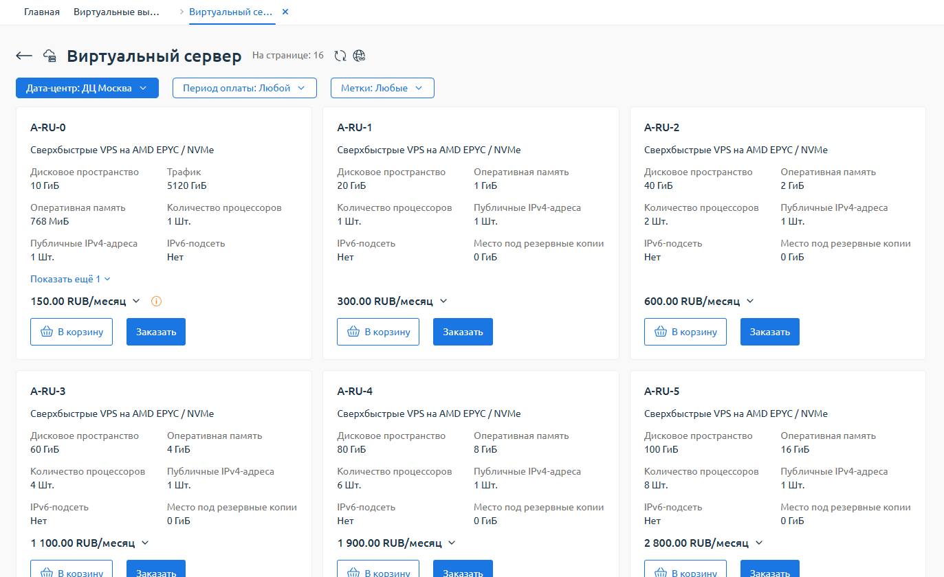 Скриншот: Список тарифных планов VPS/VDS с кнопками "Заказать"