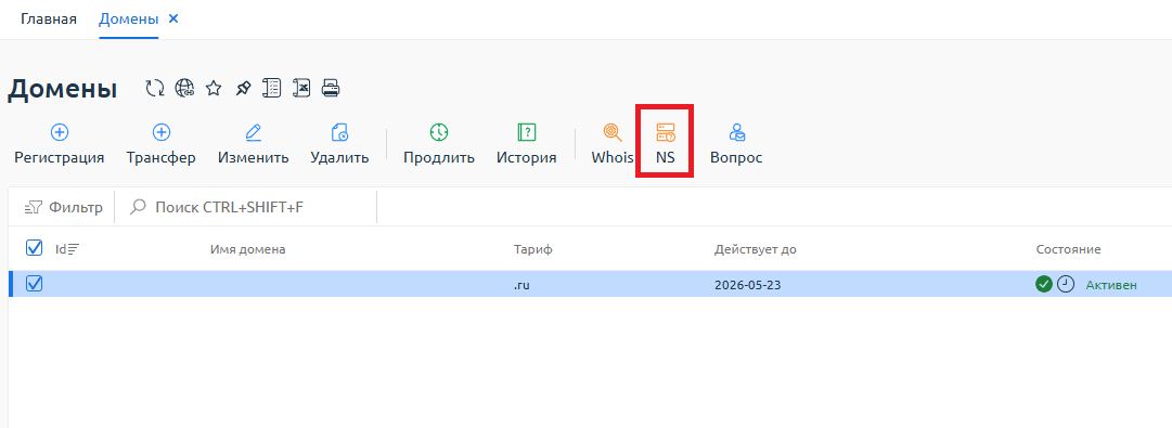 Скриншот: Список доменов в ЛК с выделенным доменом для управления